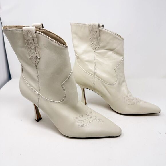 Sam Edelman White Leather Moe Western Cowboy Heeled Booties Size 10 - Picture 1 of 7